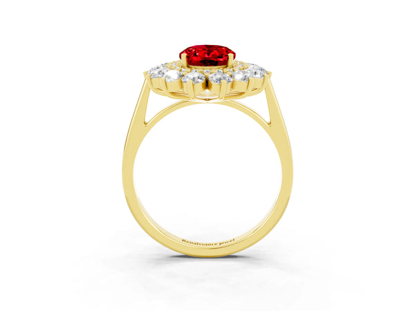 Yellow Gold Oval Lab-Grown Ruby Floral Double Halo Engagement Ring with Plain Band