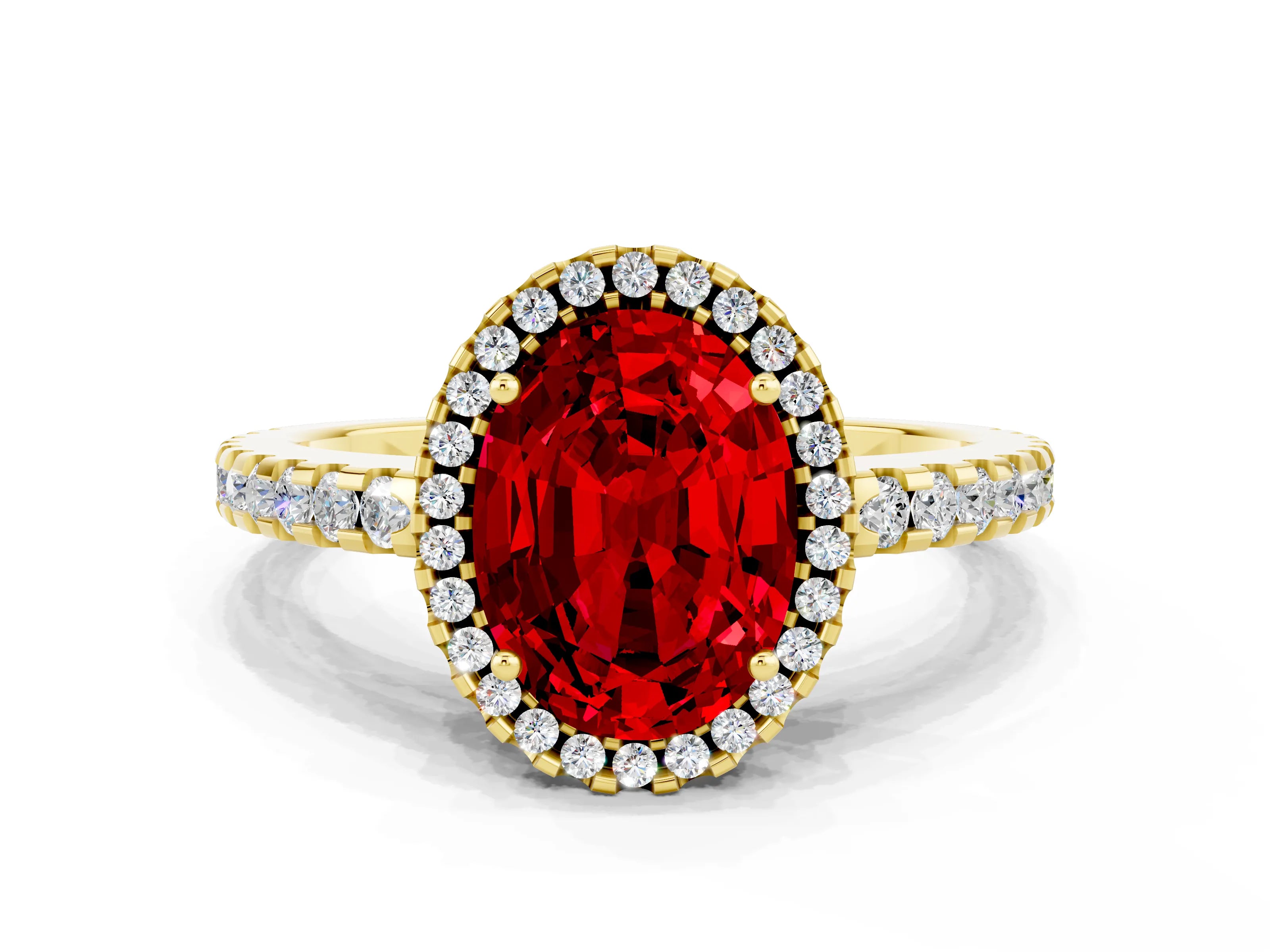 Yellow gold Oval Cut Ruby Halo Engagement Ring with Pavé Band and Prong Setting_12