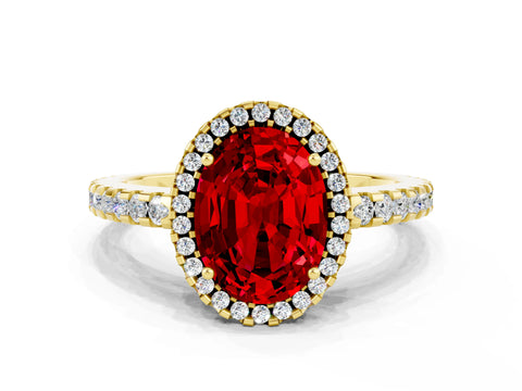 Yellow gold Oval Cut Ruby Halo Engagement Ring with Pavé Band and Prong Setting_12