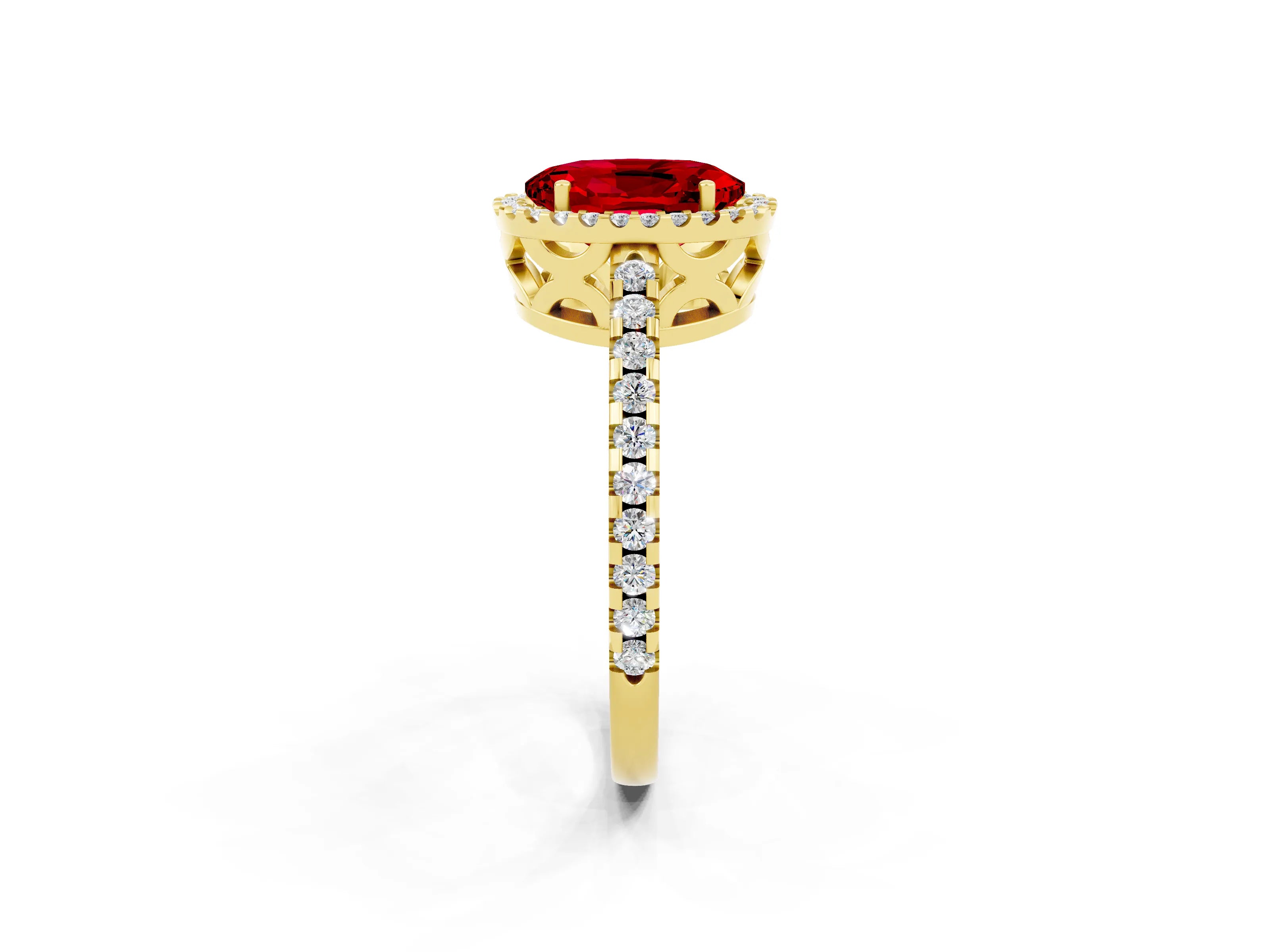 Yellow gold Oval Cut Ruby Halo Engagement Ring with Pavé Band and Prong Setting_14