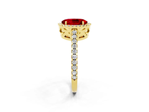 Yellow gold Oval Cut Ruby Halo Engagement Ring with Pavé Band and Prong Setting_14