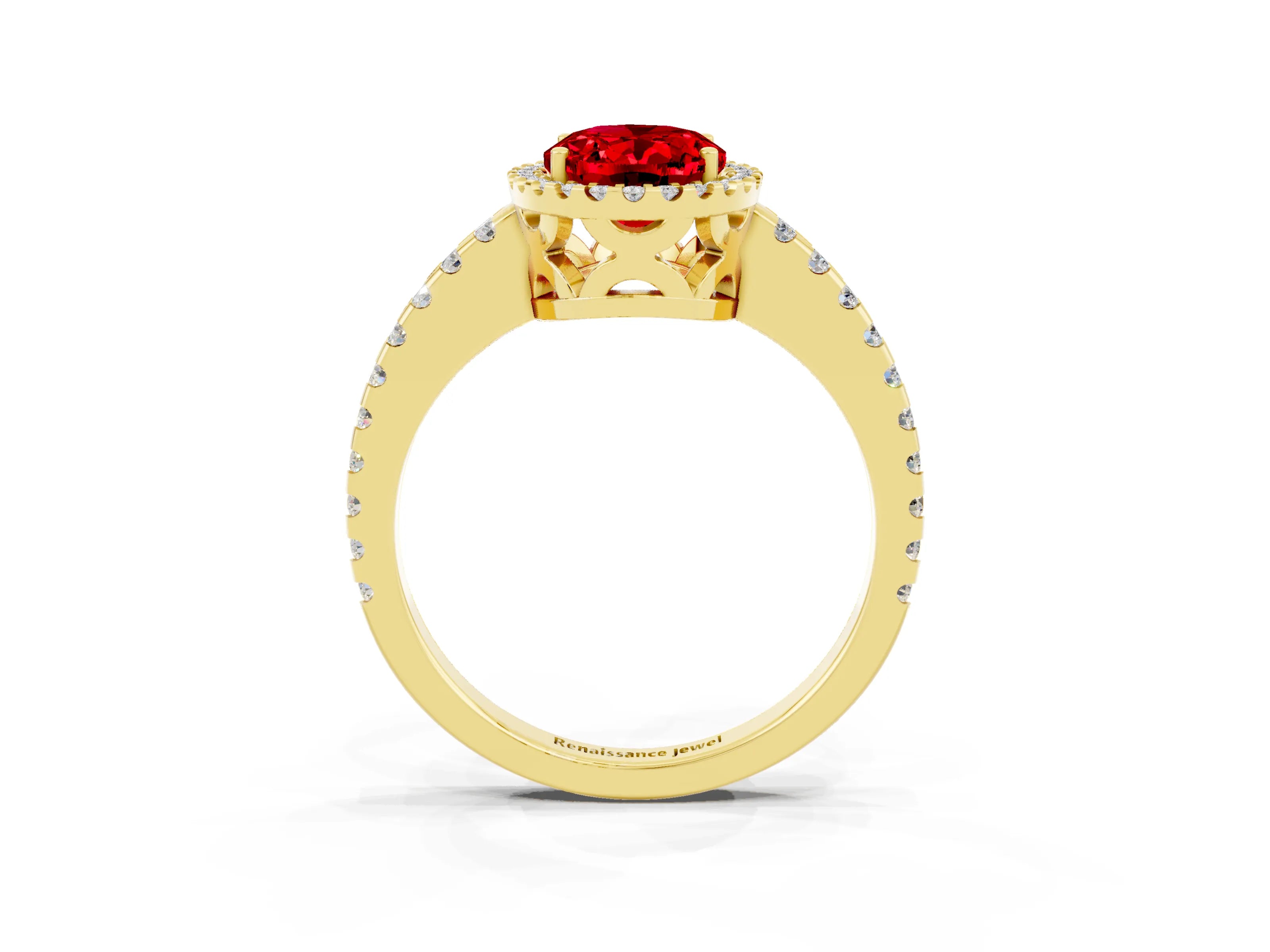 Yellow gold Oval Cut Ruby Halo Engagement Ring with Pavé Band and Prong Setting_15