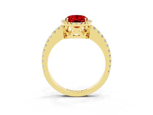 Yellow gold Oval Cut Ruby Halo Engagement Ring with Pavé Band and Prong Setting