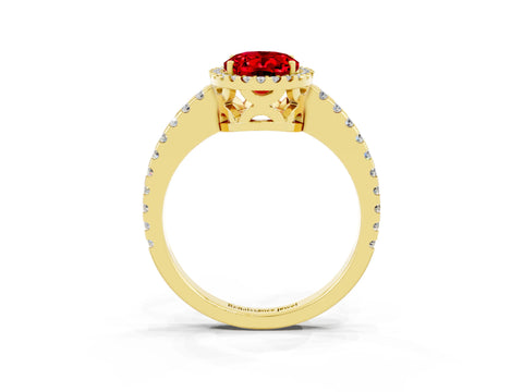 Yellow gold Oval Cut Ruby Halo Engagement Ring with Pavé Band and Prong Setting_15
