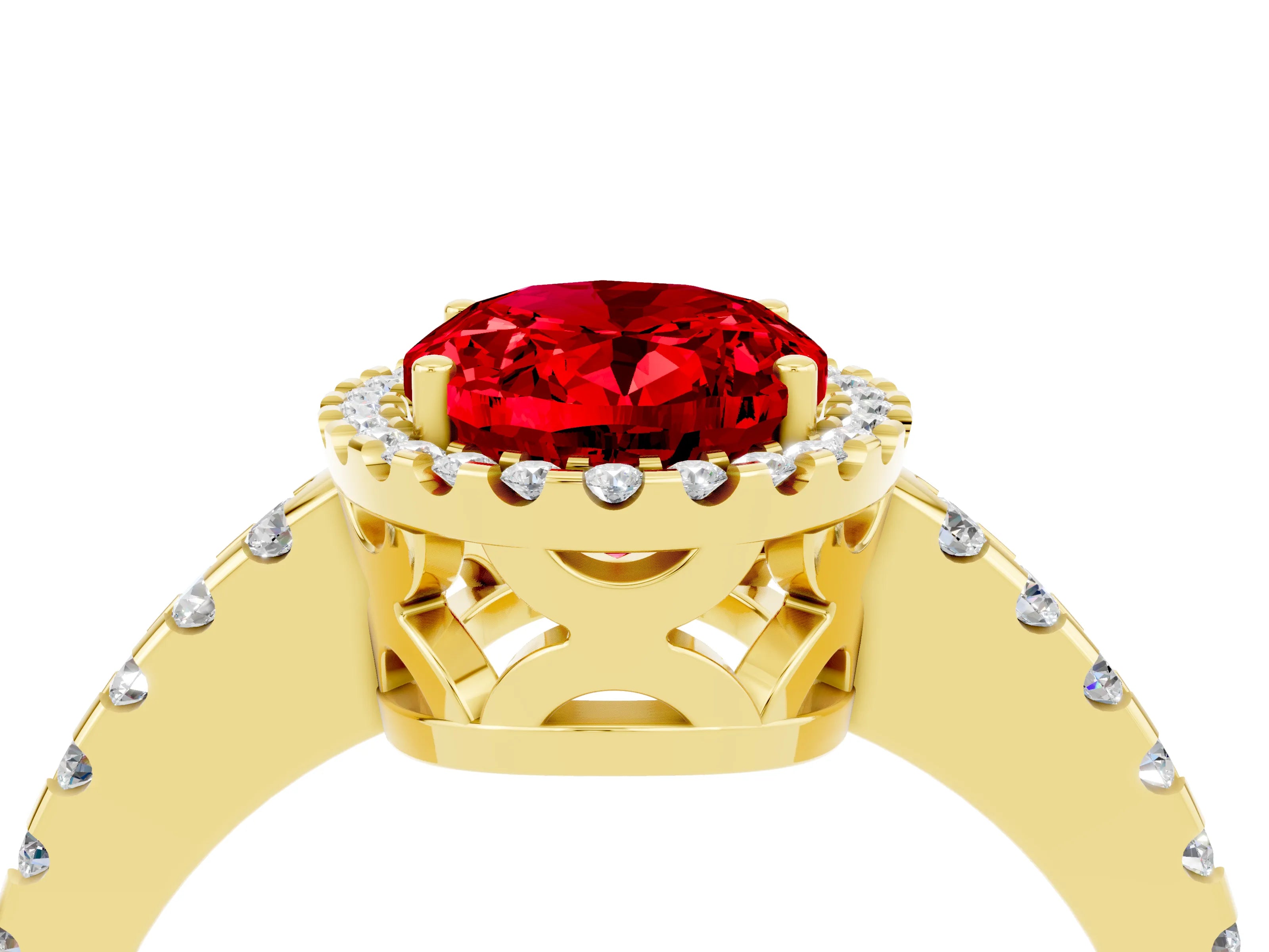 Yellow gold Oval Cut Ruby Halo Engagement Ring with Pavé Band and Prong Setting_16