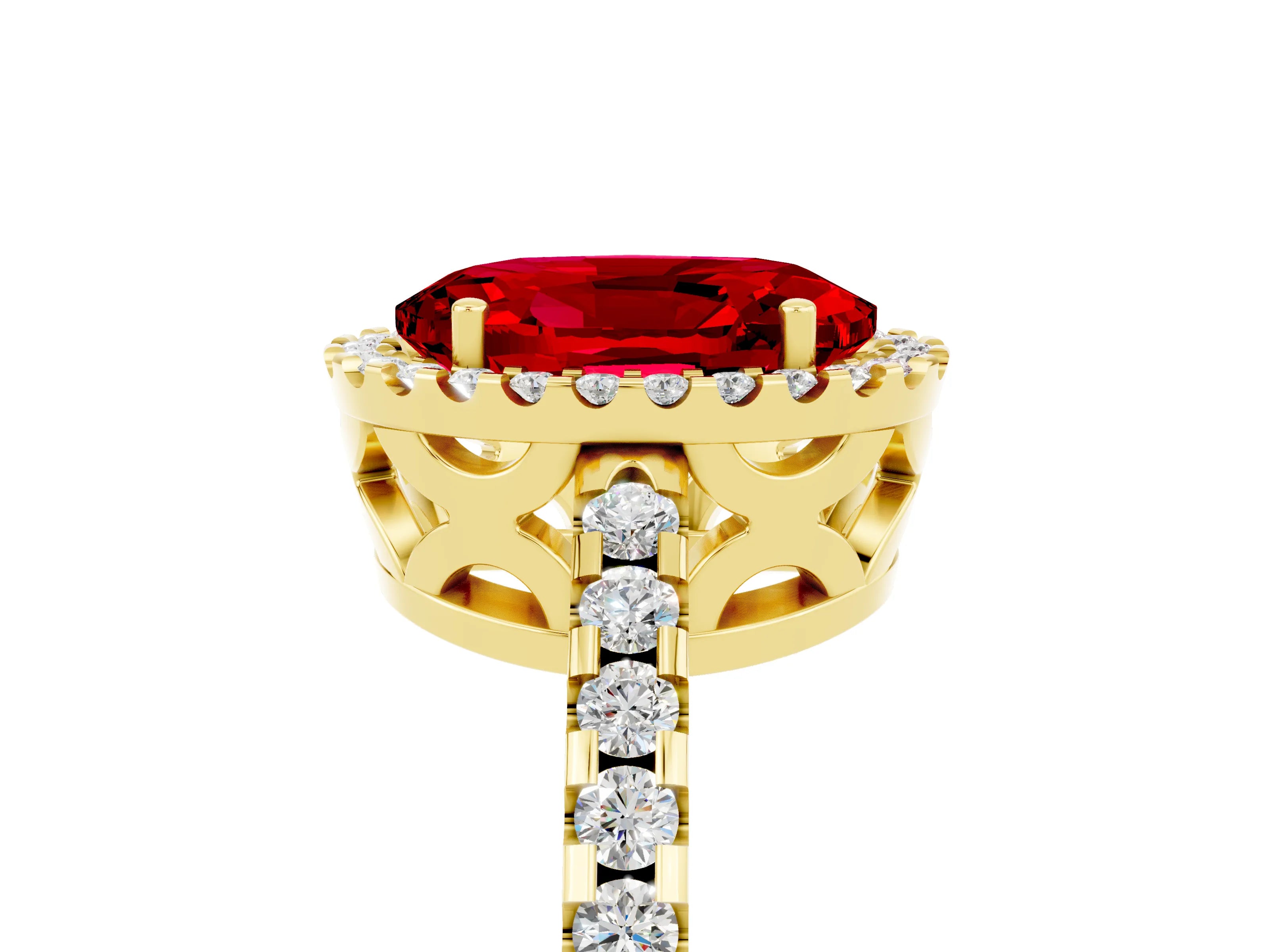 Yellow gold Oval Cut Ruby Halo Engagement Ring with Pavé Band and Prong Setting_17