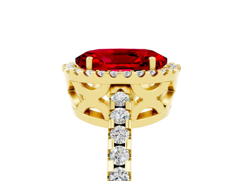 Yellow gold Oval Cut Ruby Halo Engagement Ring with Pavé Band and Prong Setting_17