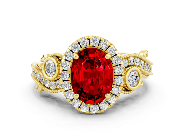 Yellow gold Oval Cut Ruby Halo Ring with Milgrain Pavé Band and Four-Prong Setting