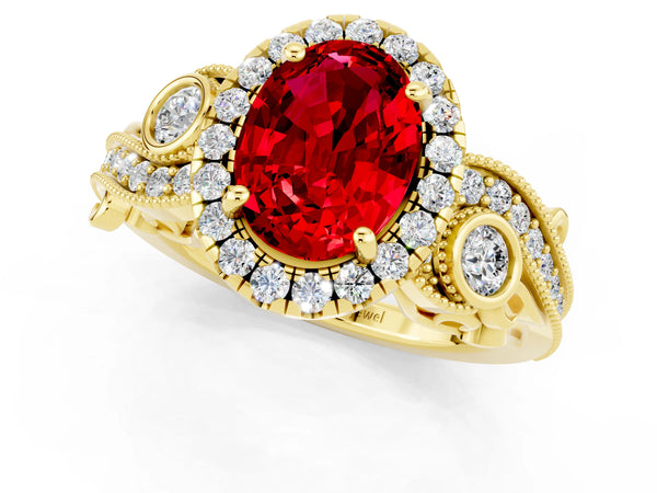 Yellow gold Oval Cut Ruby Halo Ring with Milgrain Pavé Band and Four-Prong Setting