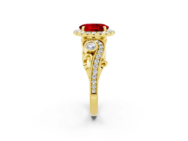 Yellow gold Oval Cut Ruby Halo Ring with Milgrain Pavé Band and Four-Prong Setting