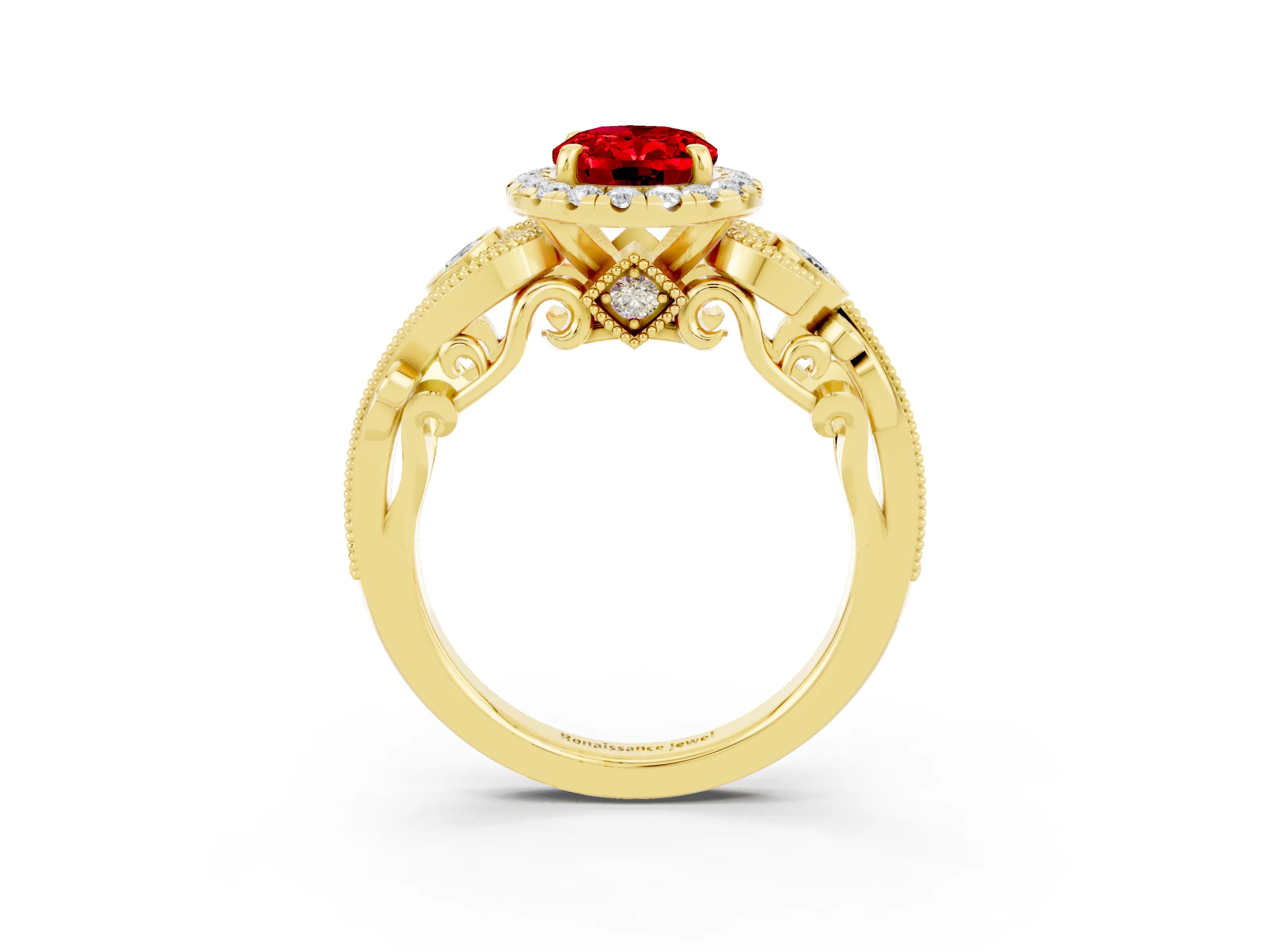 Yellow gold Oval Cut Ruby Halo Ring with Milgrain Pavé Band and Four-Prong Setting_34