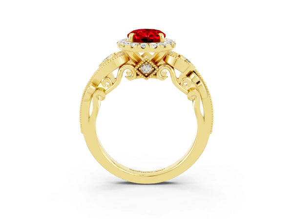 Yellow gold Oval Cut Ruby Halo Ring with Milgrain Pavé Band and Four-Prong Setting