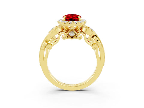 Yellow gold Oval Cut Ruby Halo Ring with Milgrain Pavé Band and Four-Prong Setting_34