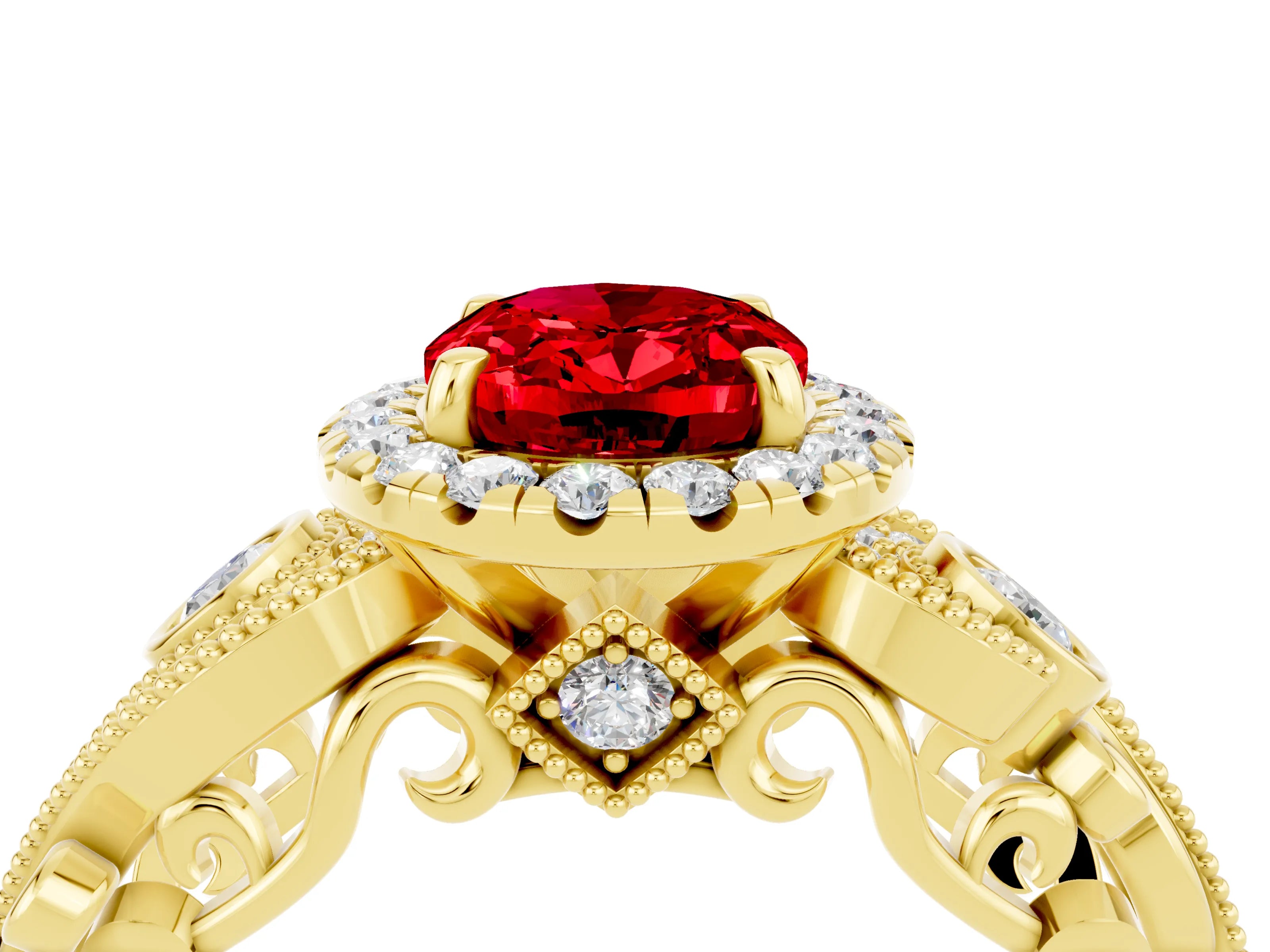Yellow gold Oval Cut Ruby Halo Ring with Milgrain Pavé Band and Four-Prong Setting_35