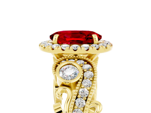 Yellow gold Oval Cut Ruby Halo Ring with Milgrain Pavé Band and Four-Prong Setting_36