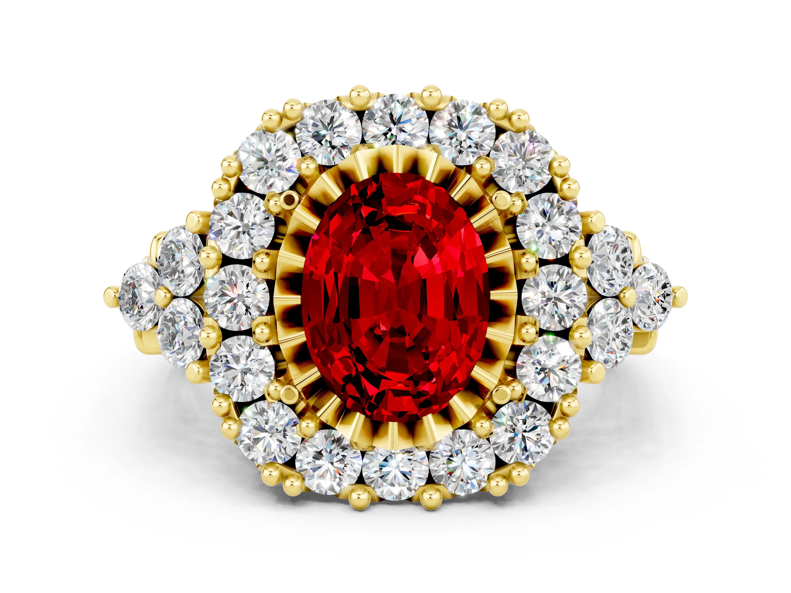 Yellow gold Oval Cut Ruby Halo Ring with Pavé Band and Four-Prong Setting_12