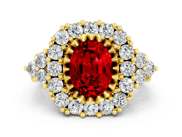Yellow gold Oval Cut Ruby Halo Ring with Pavé Band and Four-Prong Setting