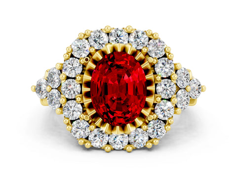 Yellow gold Oval Cut Ruby Halo Ring with Pavé Band and Four-Prong Setting_12