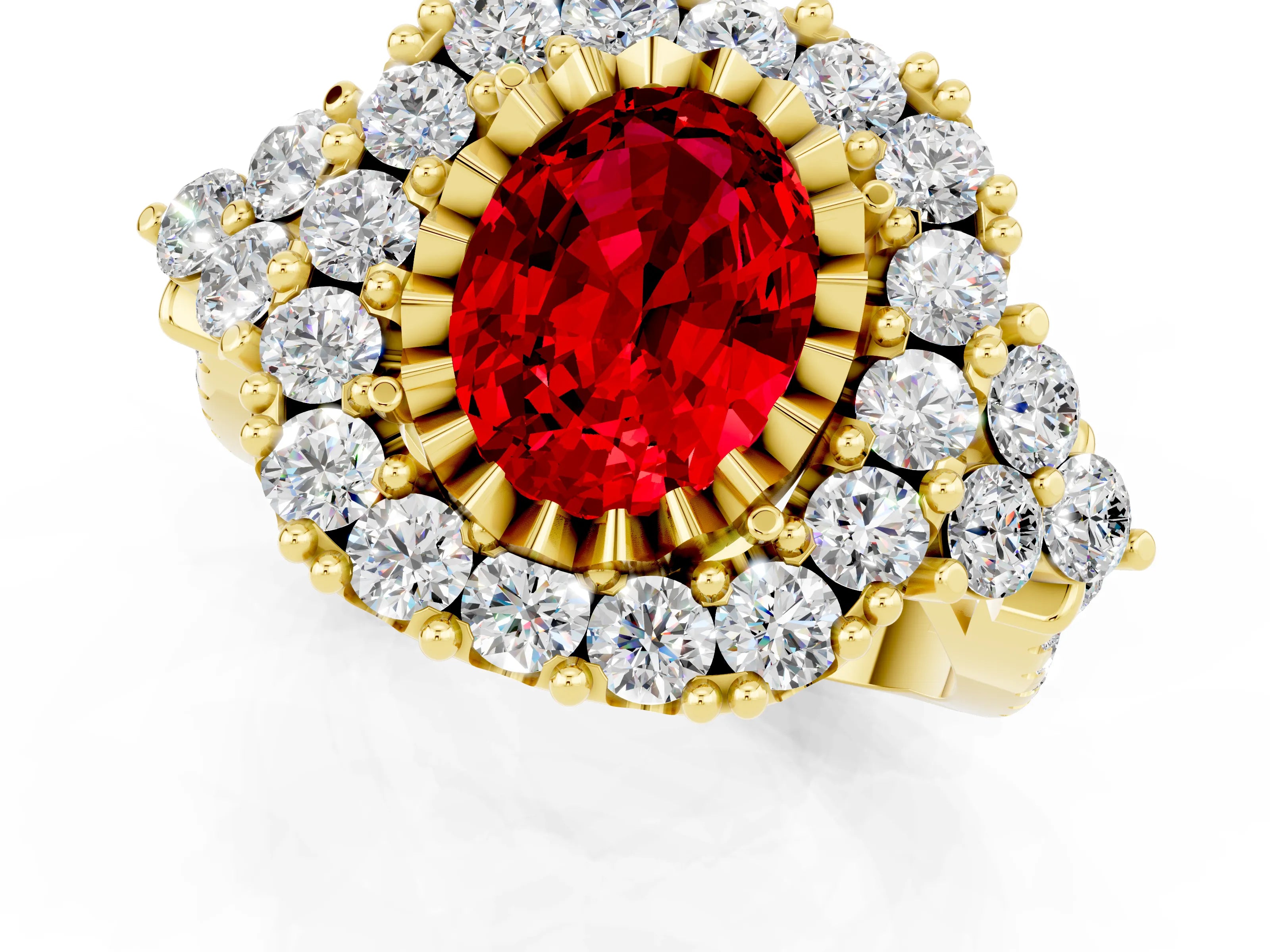 Yellow gold Oval Cut Ruby Halo Ring with Pavé Band and Four-Prong Setting_13