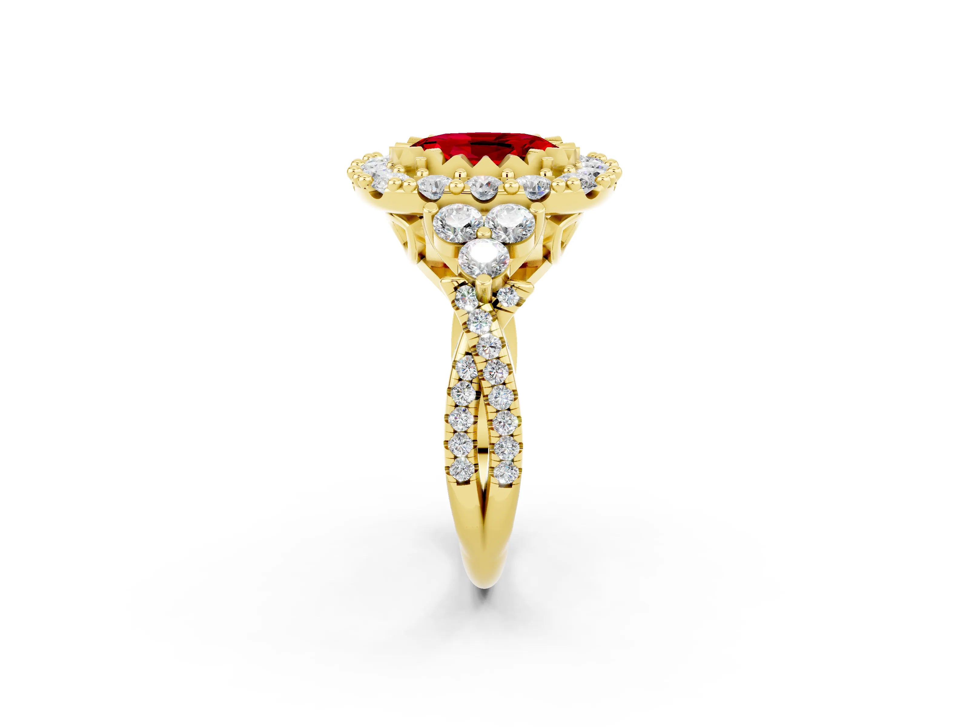 Yellow gold Oval Cut Ruby Halo Ring with Pavé Band and Four-Prong Setting_14
