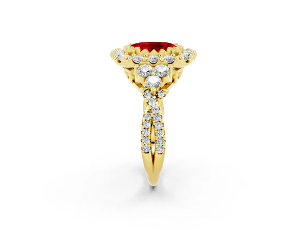 Yellow gold Oval Cut Ruby Halo Ring with Pavé Band and Four-Prong Setting