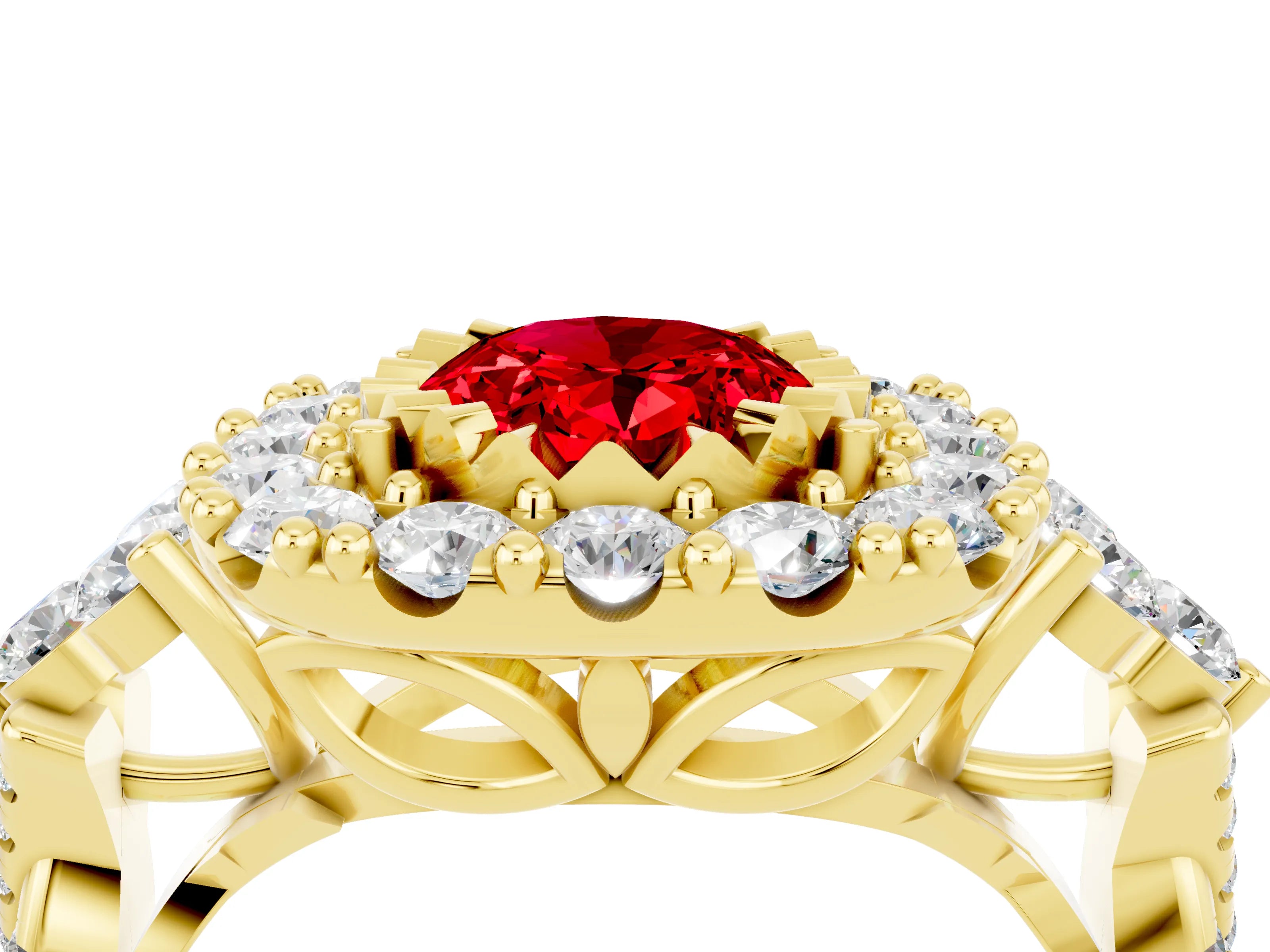 Yellow gold Oval Cut Ruby Halo Ring with Pavé Band and Four-Prong Setting_16