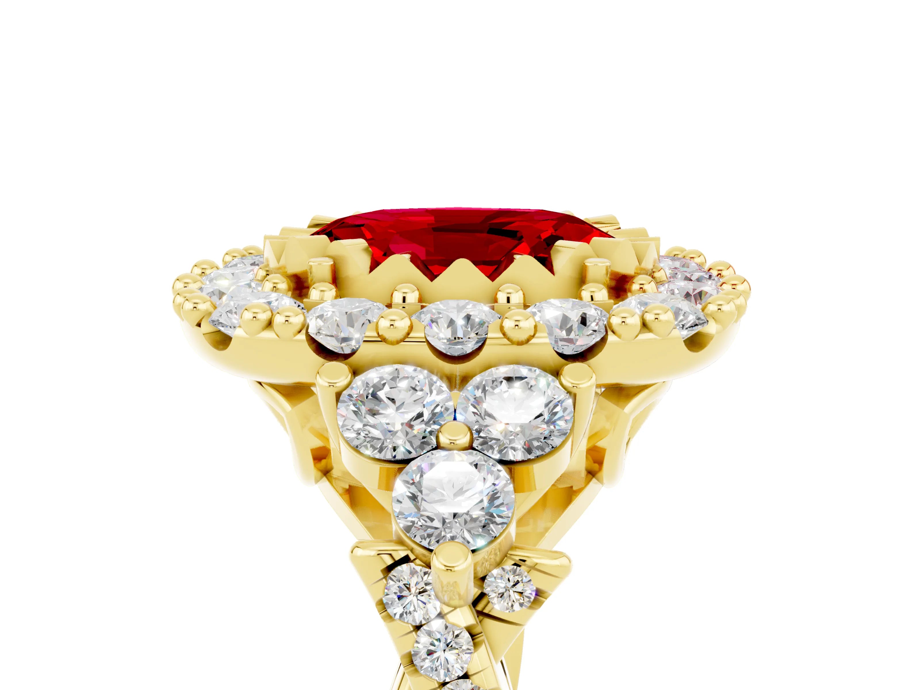 Yellow gold Oval Cut Ruby Halo Ring with Pavé Band and Four-Prong Setting_17