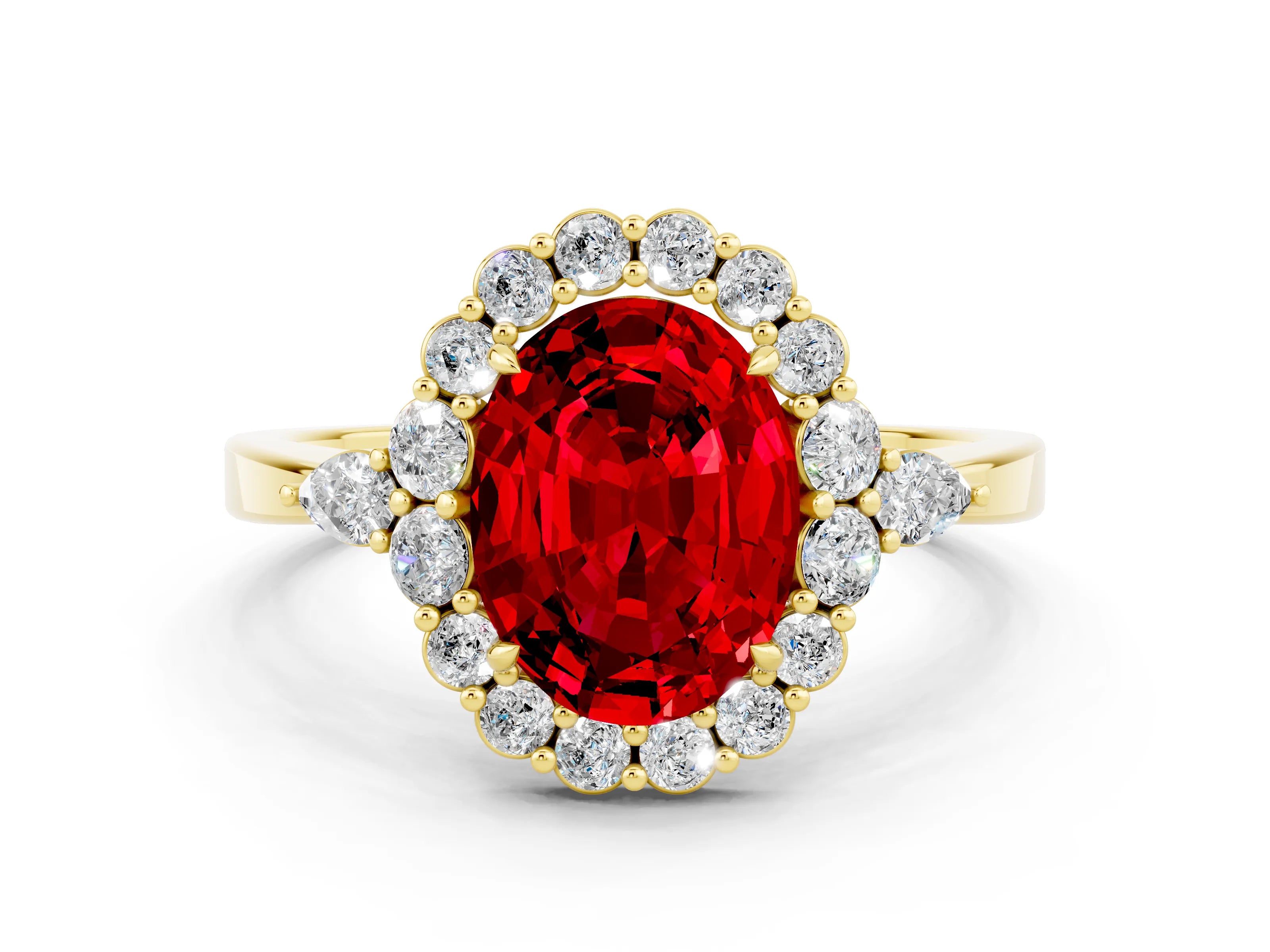Yellow gold Oval Cut Ruby Halo Ring with Pear Side Stones and Prong Setting_12