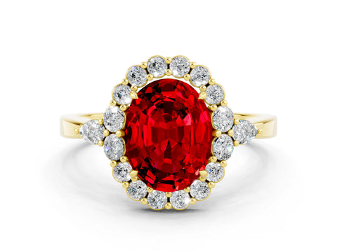 Yellow gold Oval Cut Ruby Halo Ring with Pear Side Stones and Prong Setting_12