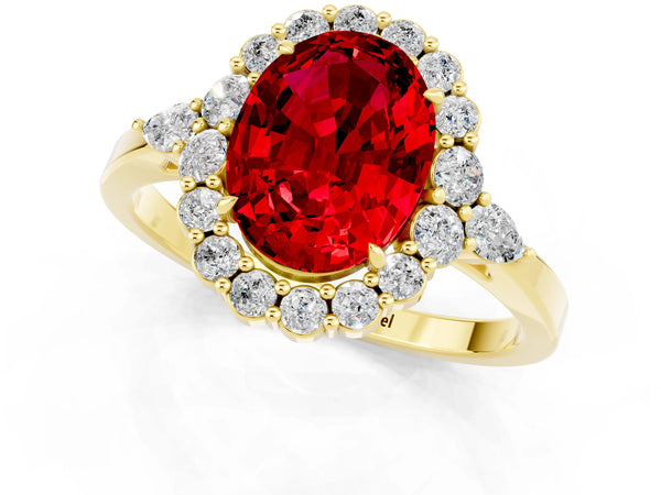Yellow gold Oval Cut Ruby Halo Ring with Pear Side Stones and Prong Setting