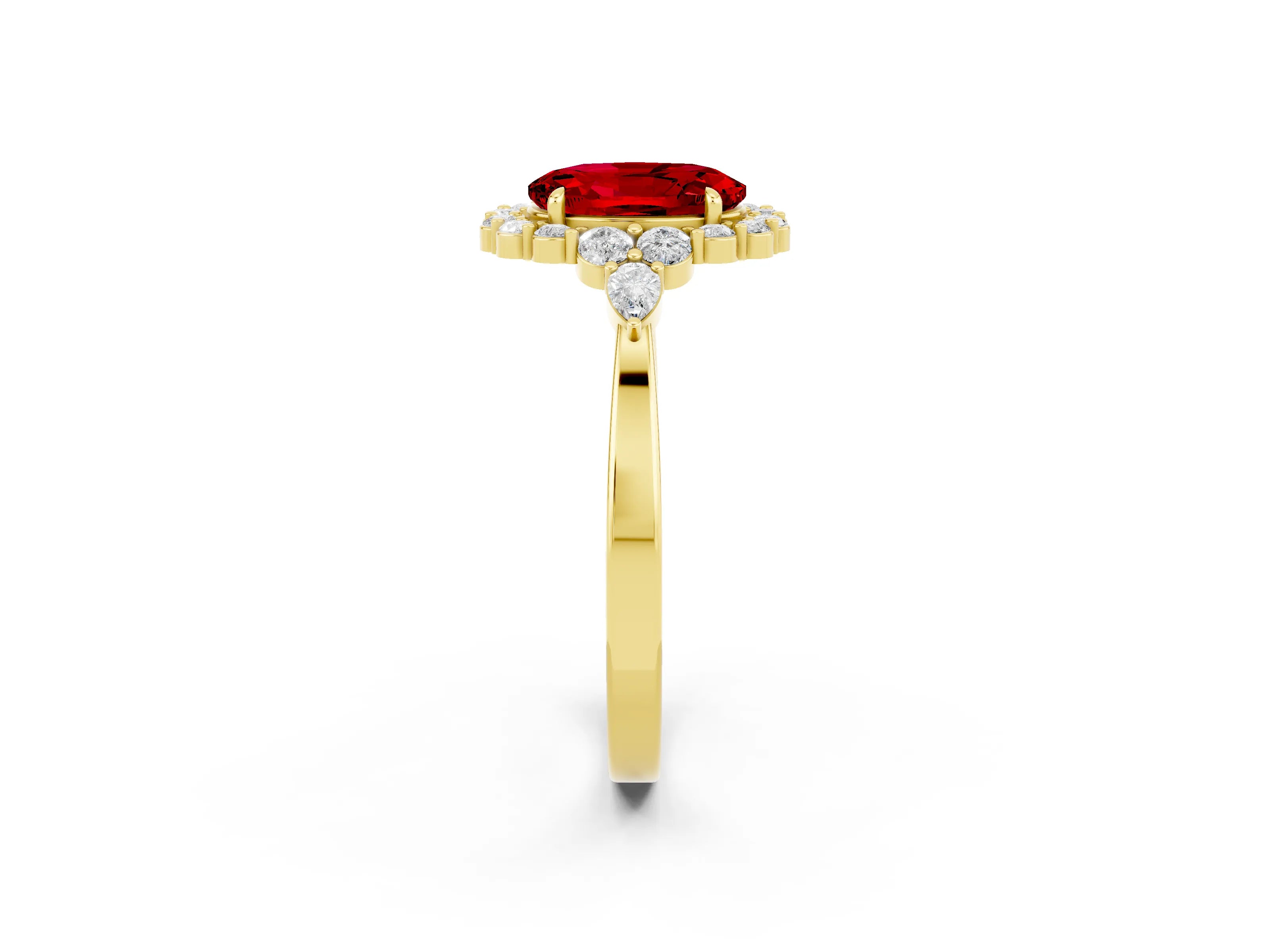 Yellow gold Oval Cut Ruby Halo Ring with Pear Side Stones and Prong Setting_14