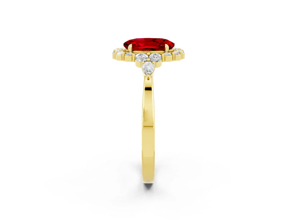 Yellow gold Oval Cut Ruby Halo Ring with Pear Side Stones and Prong Setting