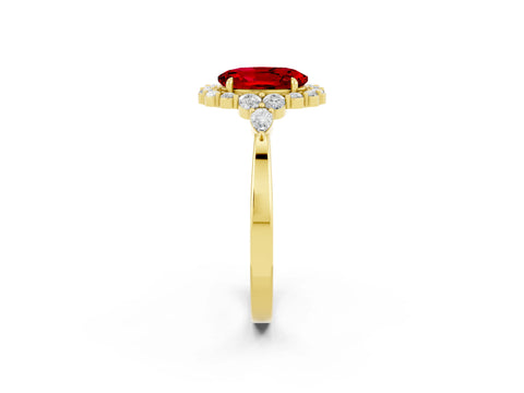 Yellow gold Oval Cut Ruby Halo Ring with Pear Side Stones and Prong Setting_14