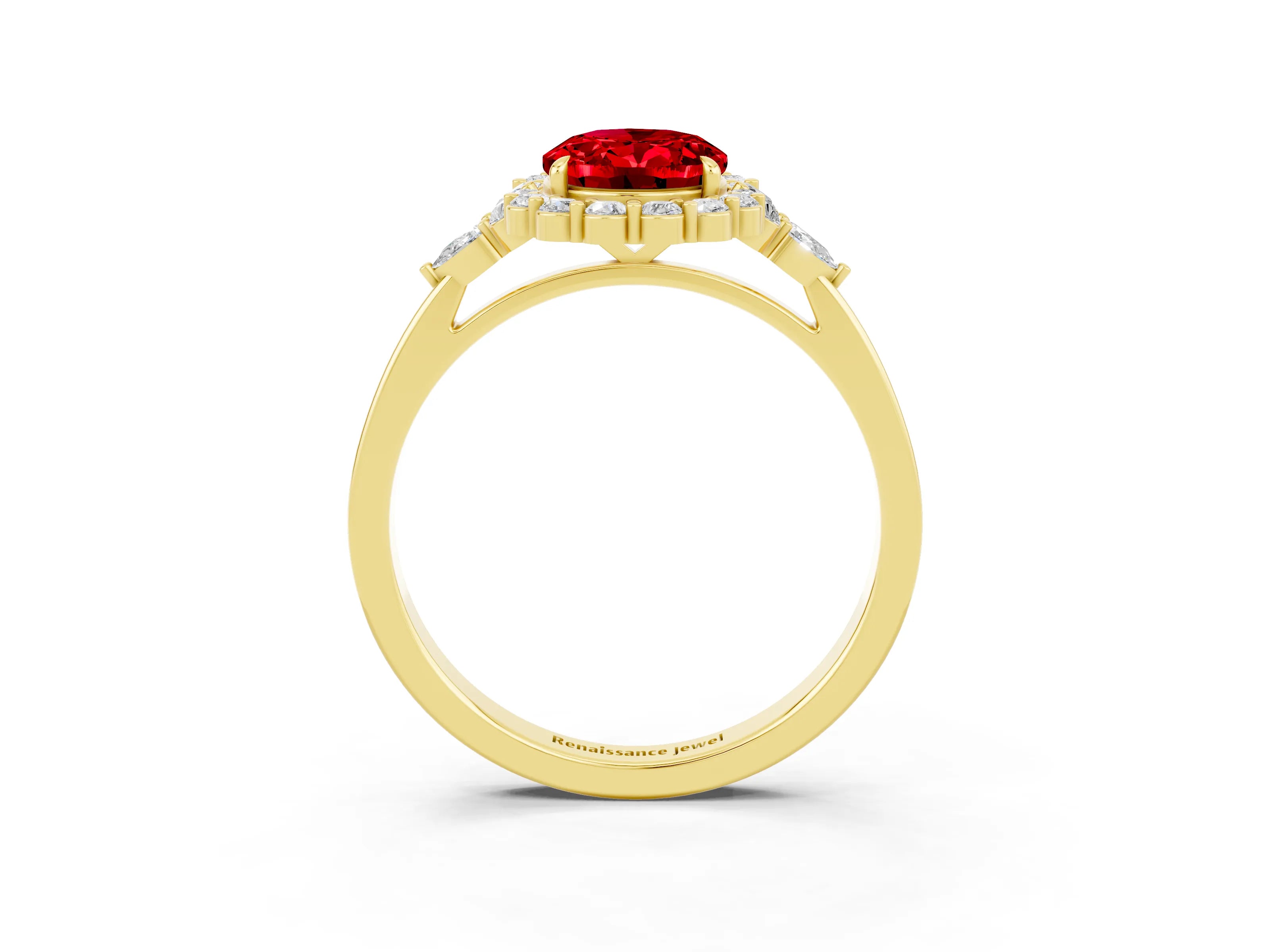 Yellow gold Oval Cut Ruby Halo Ring with Pear Side Stones and Prong Setting_15