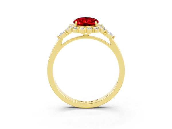 Yellow gold Oval Cut Ruby Halo Ring with Pear Side Stones and Prong Setting