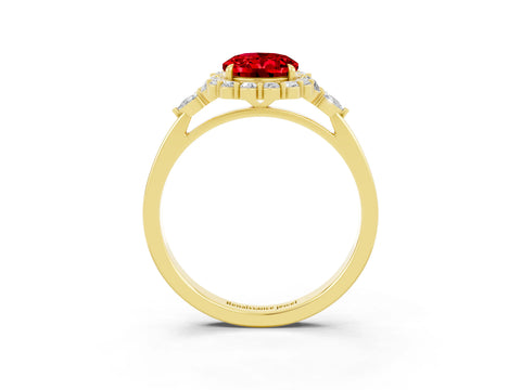 Yellow gold Oval Cut Ruby Halo Ring with Pear Side Stones and Prong Setting_15