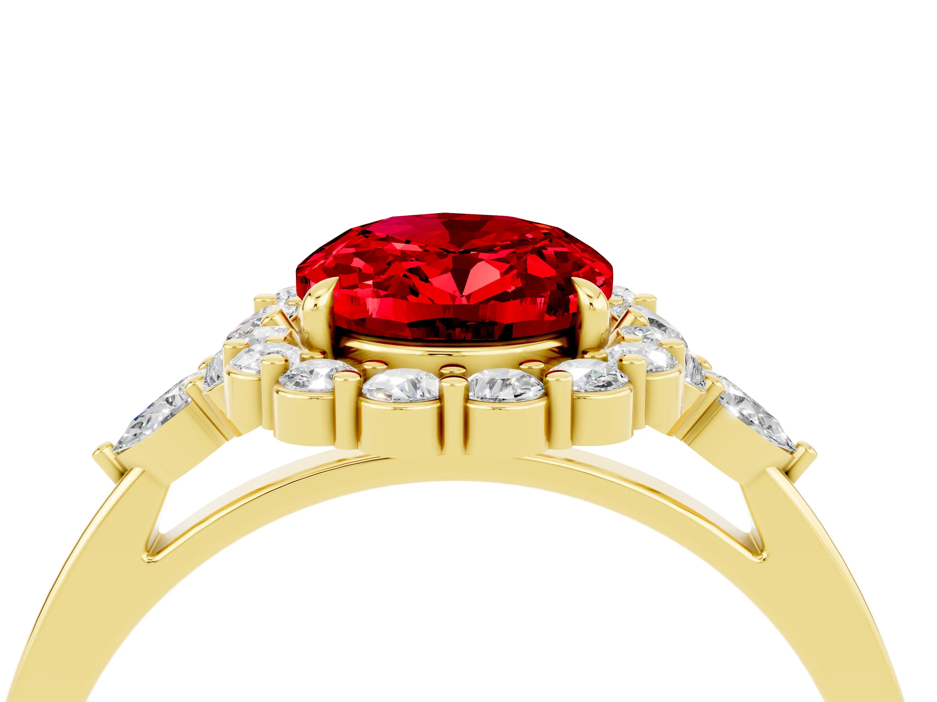 Yellow gold Oval Cut Ruby Halo Ring with Pear Side Stones and Prong Setting_16