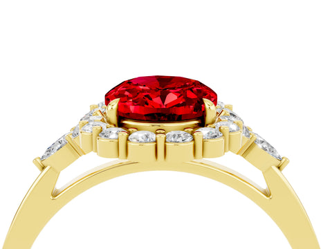 Yellow gold Oval Cut Ruby Halo Ring with Pear Side Stones and Prong Setting_16
