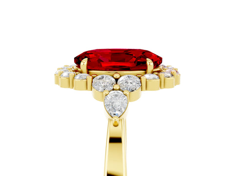 Yellow gold Oval Cut Ruby Halo Ring with Pear Side Stones and Prong Setting_17