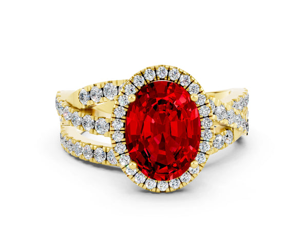Yellow gold Oval Cut Ruby Halo Ring with Round Split Shank and Prong Setting