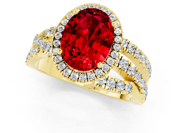 Yellow gold Oval Cut Ruby Halo Ring with Round Split Shank and Prong Setting