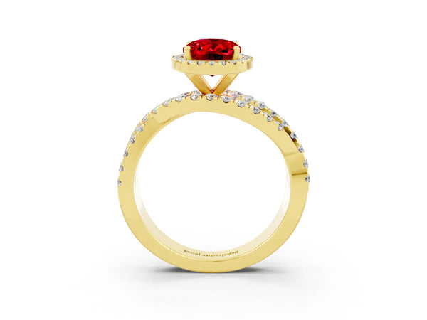 Yellow gold Oval Cut Ruby Halo Ring with Round Split Shank and Prong Setting