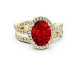 Yellow gold Oval Cut Ruby Halo Ring with Round Split Shank and Prong Setting_48