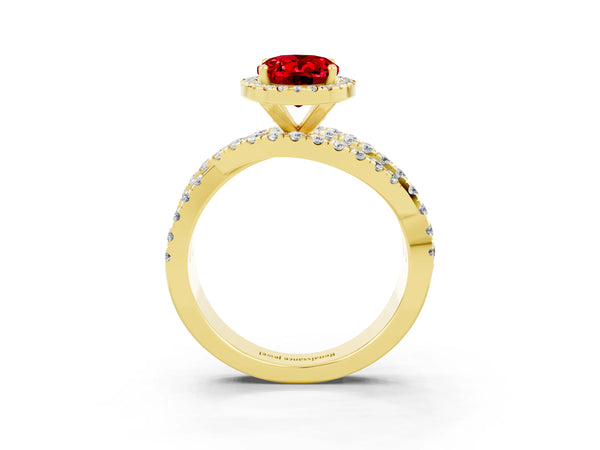 Yellow Gold Oval Lab-Grown Ruby Halo Engagement Ring with Twisted Pave Split Shank