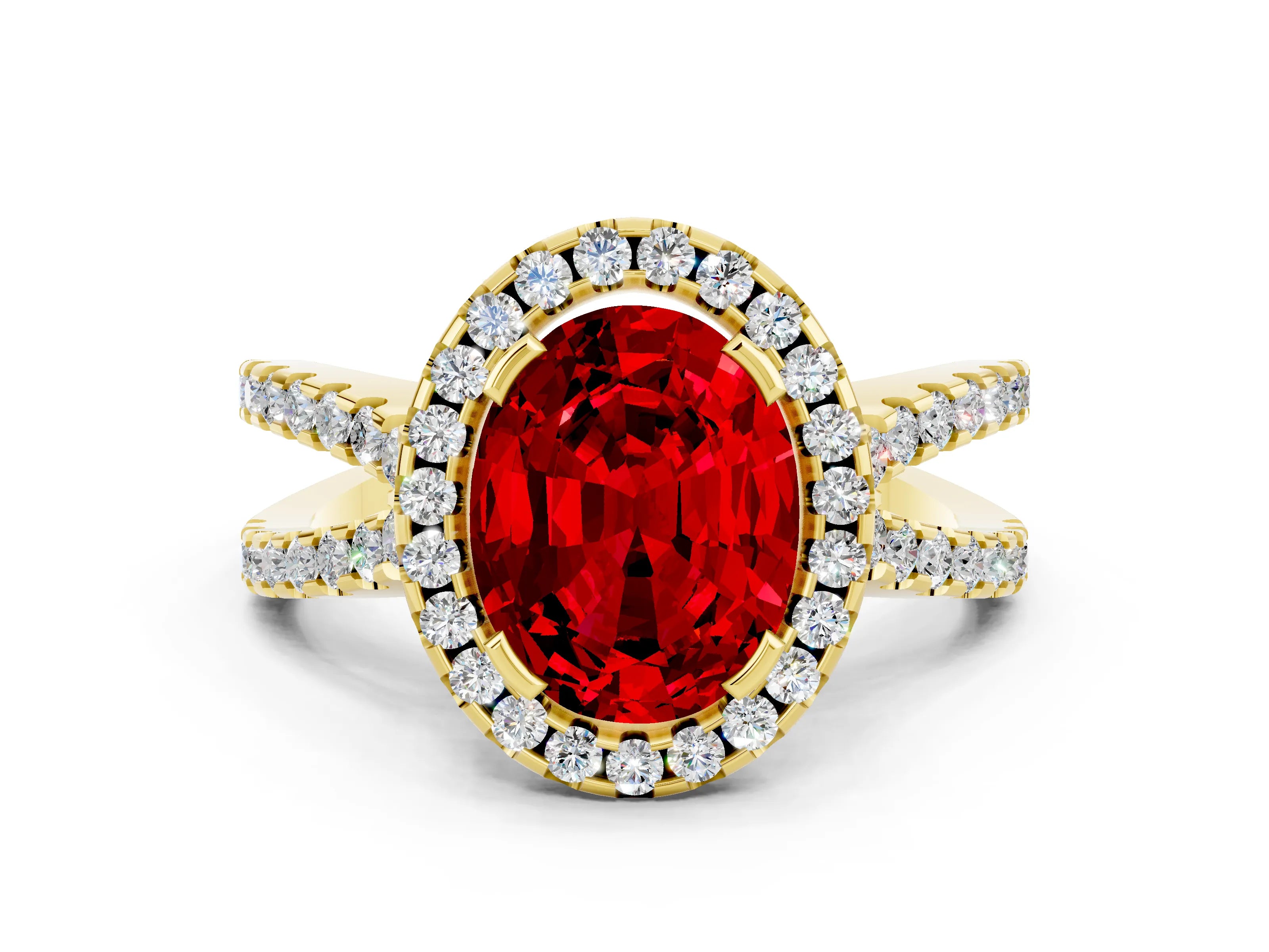 Yellow gold Oval Cut Ruby Halo Ring with Split Shank Pavé Band and Prong Setting