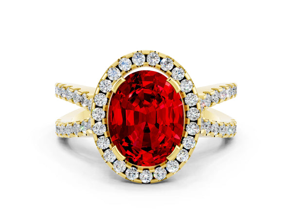 Yellow gold Oval Cut Ruby Halo Ring with Split Shank Pavé Band and Prong Setting