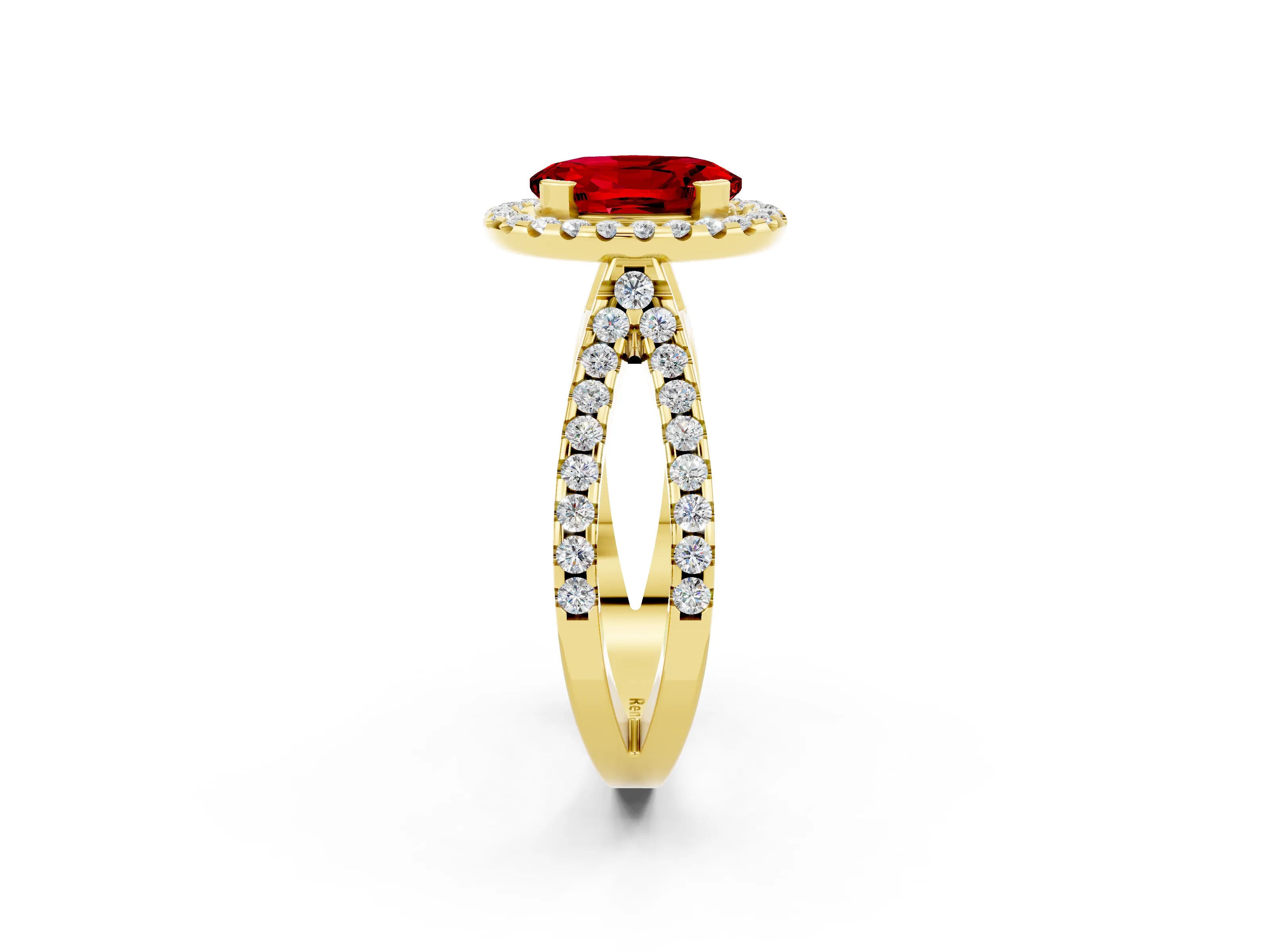 Yellow gold Oval Cut Ruby Halo Ring with Split Shank Pavé Band and Prong Setting_2