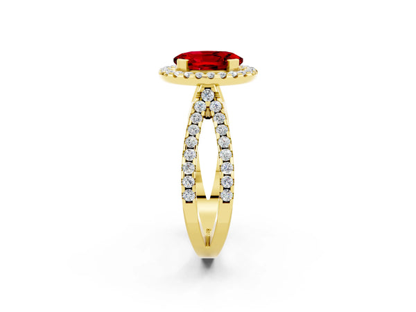 Yellow gold Oval Cut Ruby Halo Ring with Split Shank Pavé Band and Prong Setting