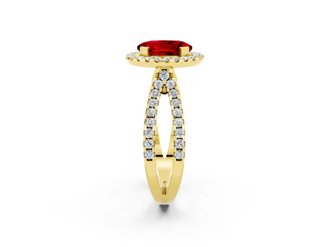 Yellow gold Oval Cut Ruby Halo Ring with Split Shank Pavé Band and Prong Setting_2