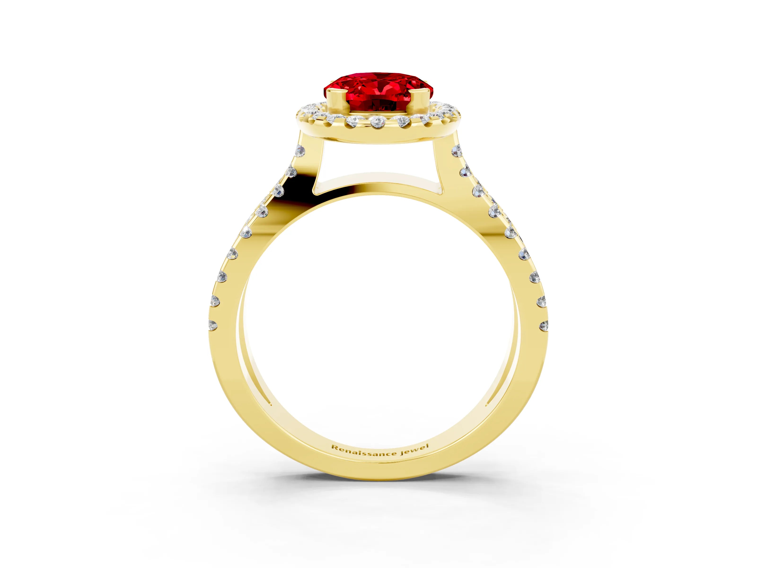 Yellow gold Oval Cut Ruby Halo Ring with Split Shank Pavé Band and Prong Setting_3